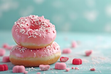 Pink donuts with sprinkle on bokeh background.