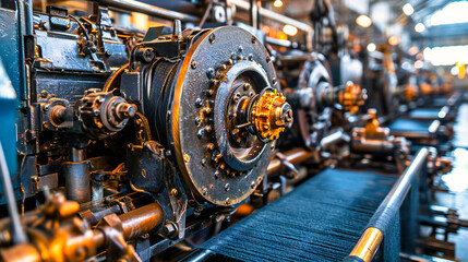 Mechanical engine closeup, emphasizing automotive technology and vintage industrial design.