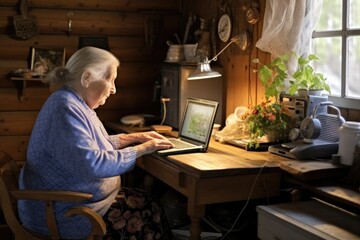 An intelligent elderly woman sits at home at her computer and studies.