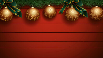 Fototapeta na wymiar a red christmas background with leaves balls with copy space