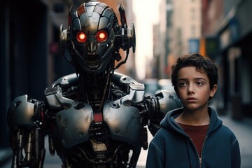 A boy and a robot on a city street. Cyborgs teen walking around the city