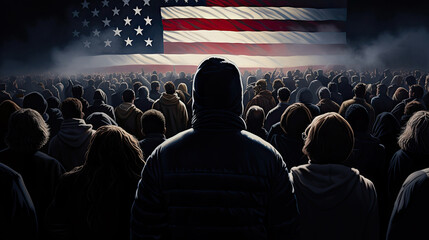 Rear view silhouettes of a group of people at a mass demonstration or protest with the USA flag in the sky. - obrazy, fototapety, plakaty