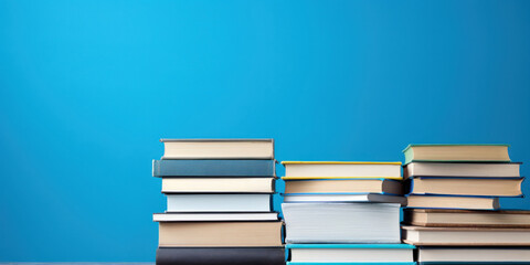 Stacks of books on a blue background. Free space for product placement or advertising text.