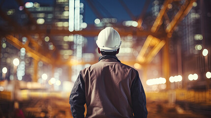 Obraz premium Rear view of a construction worker in a white helmet at night view of the construction of a business center in the city.