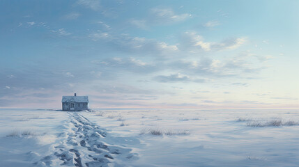 Obraz premium Road to an old small farmhouse in a snowy field.