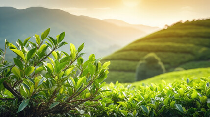 Fototapeta na wymiar Tea bush on a green plantation background.