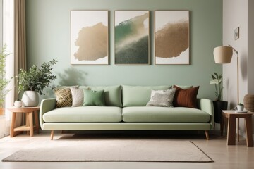 Fototapeta premium Scandinavian interior home design of modern living room with green sofa and wooden furniture with houseplants, poster frame abstract art copy space