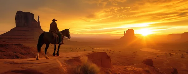 Rolgordijnen Cowboy riding a horse across a vast desert landscape during the golden hour  © thejokercze