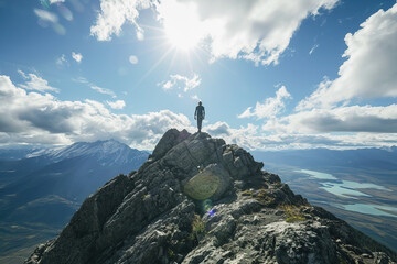 A hiker triumphantly reaching the summit of a mountain, with panoramic views of valleys, lakes, and distant peaks.
