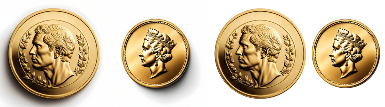 Moedas de ouro com rosto masculino e feminino gravados nelas, isoladas em fundo branco e transparente.