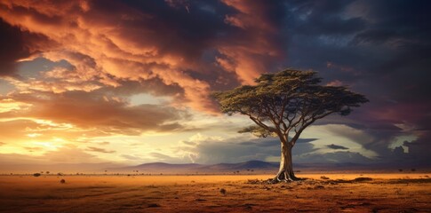 Solitary acacia tree at sunset in the serene African savannah, with warm golden hues and a dramatic...