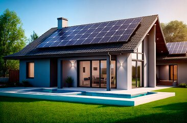 Modern house with solar panels installed on the roof space, modern living technologies