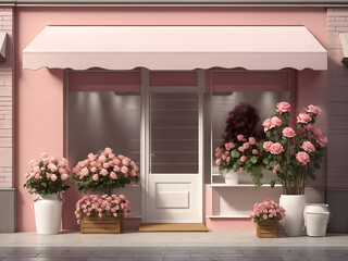 Street outdoor view of a generic flower or roses shop displays a welcome window with a blank clean signboard mockup. 3D rendering design.