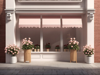 Fototapeta na wymiar Street outdoor view of a generic flower or roses shop displays a welcome window with a blank clean signboard mockup. 3D rendering design.