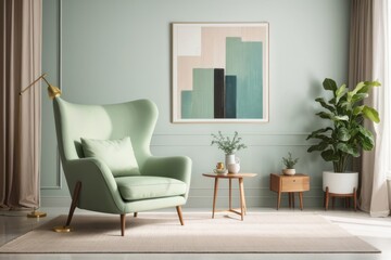 Interior home design of modern living room with green wingback chairs and wooden furniture with houseplants, abstract art posters on the wall