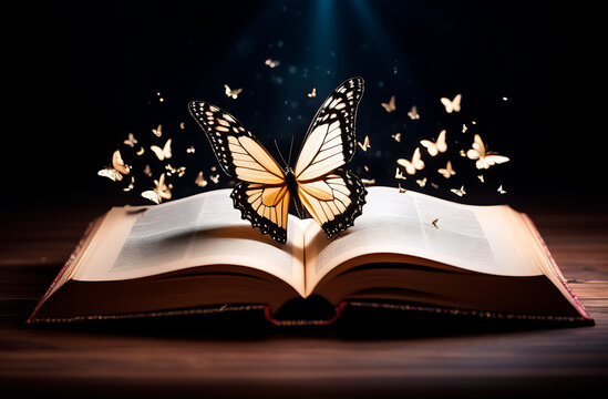 Open book with butterflies flying out on a black background, imagination concept