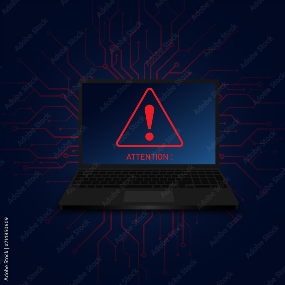Poster Attention warning attacker alert signs with exclamation marks on a laptop. Abstract technology blue color background. Attention Danger Hacking. Vector and Illustration.