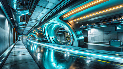 Abstract modern tunnel with blue lighting, representing futuristic urban and transportation design.