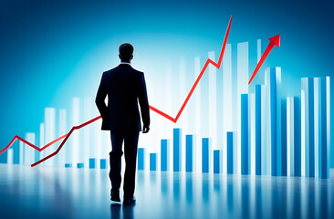 Abstract business background, graph and silhouette of man in business suit looking at the graph, finance concept on blue background