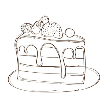 Illustration depicting a piece of cake with fruits and berries, drawn in doodle style, with various brushes on a white background.