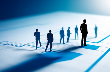 Business background, graph and silhouette of team members in business staying on the graph, finance concept on blue background