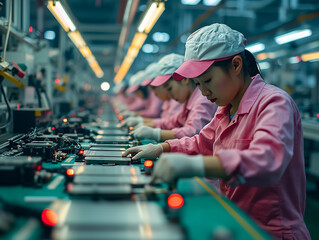  lavoratori asiatici in una fabbrica di produzione tecnologica con macchine industriali e cavi che costruiscono smartphone elettronici - obrazy, fototapety, plakaty