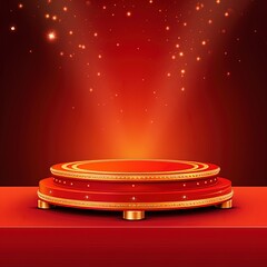 Stage podium decorated with lighting. Pedestal scene with for product, advertising, show, award ceremony, on red background. rakhi background with generative ai