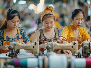 reportage fotografico di un gruppo sarte asiatiche in una fabbrica tessile che cuce con macchine da cucire industriali, sartine in uniforme, concetto di fast fashion - obrazy, fototapety, plakaty