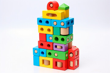 A multi-story playhouse built by a child using colored blocks.