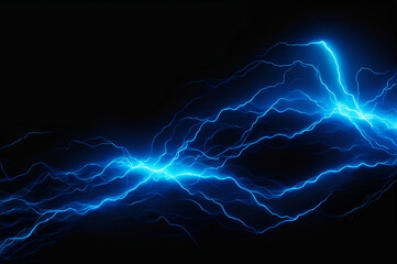 Abstract black background with neon blue color waves and lightnings.