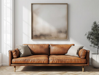Interior design domestico in stile minimalista del soggiorno moderno. Divano in pelle marrone  shabby vicino al muro bianco con poster d'arte moderna, 