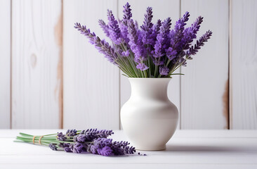 Bouquet of fresh cut lavender in a ceramic vase on the table, wooden background