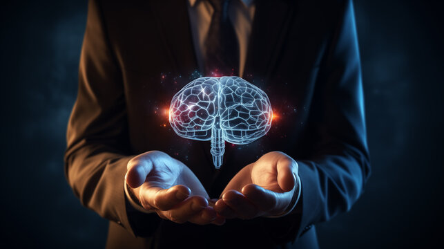 Close-up of doctor holding image of human brain in hand On a black background using a 3D digital skull x-ray imager.