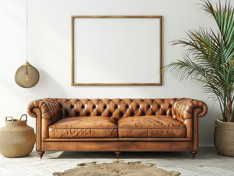 Interior design domestico in stile minimalista del soggiorno moderno. Divano in pelle marrone  shabby vicino al muro bianco con poster d'arte moderna, 