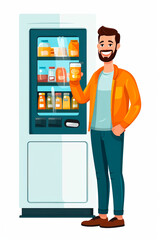 A man buys coffee from a vending machine. Vector illustration style isolated on white background.