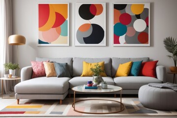 Scandinavian interior home design of modern living room with gray sofa and colorful pillows with pop art colorful abstract frame poster