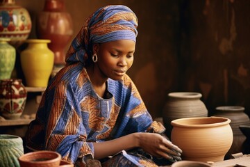 A young African woman sits in a workshop between pottery and makes pots