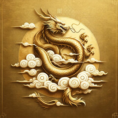 minimalist realistic art illustrations of a mythical gold dragon on a cloud, designed in a traditional Chinese style with a gold background.

