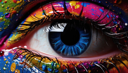 Fototapeta premium Blue eye of the person covered in colourful paints