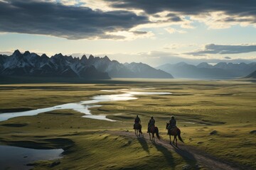 A group of horseback riders traverses a lush valley with dramatic mountain peaks in the background. generative ai
