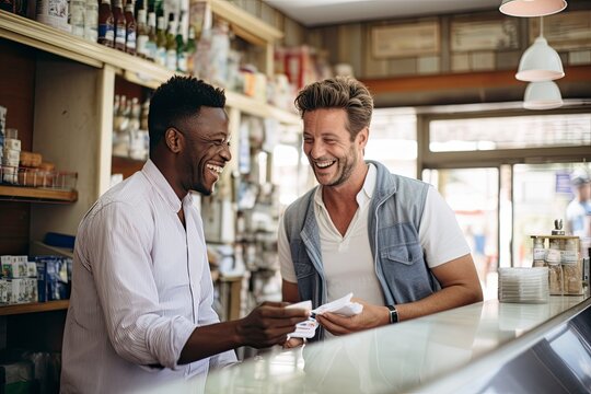 An African male pharmacist smiling as he hands over medication to a customer in a sunny pharmacy.
