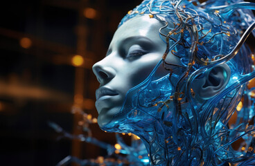 A profile view of a blue-toned cyborg head, showcasing complex internal wiring and futuristic design aesthetics. Generative ai
