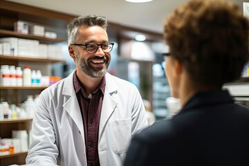 Cheerful male pharmacist with glasses providing expert advice to a customer in a modern pharmacy setting.
