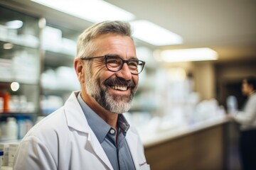 Naklejka na ściany i meble A senior male pharmacist with glasses smiles confidently in a well-organized pharmacy setting. Generative ai