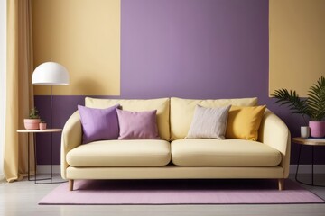 Fototapeta premium Scandinavian interior home design of modern living room with yellow sofa and wooden furniture with houseplants, yellow and purple wall