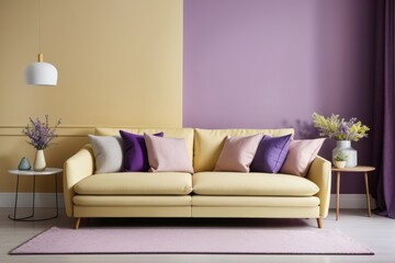 Fototapeta premium Scandinavian interior home design of modern living room with yellow sofa and wooden furniture with houseplants, yellow and purple wall