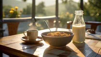 Morning breakfast - bowls of muesli, milk and a cup of coffee