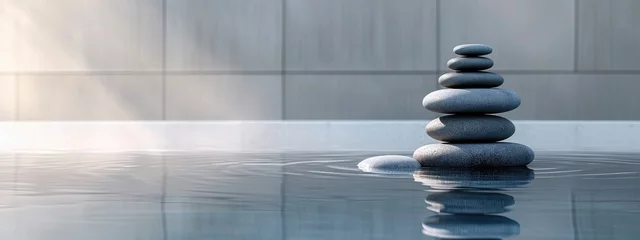 Keuken spatwand met foto Perfectly stacked stones in a tranquil Zen garden © Simone