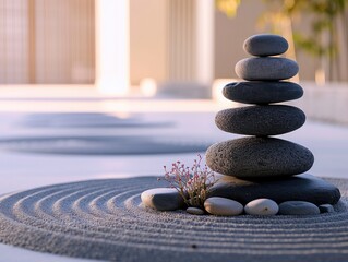 Perfectly stacked stones in a tranquil Zen garden