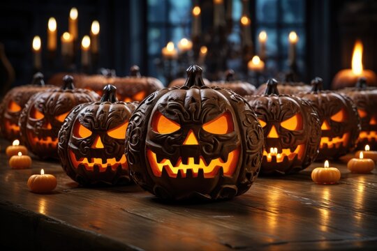 A glowing gathering of hand-carved cucurbits illuminates the festive spirit of halloween, beckoning trick-or-treaters to the indoor table adorned with flickering candles and autumnal squash